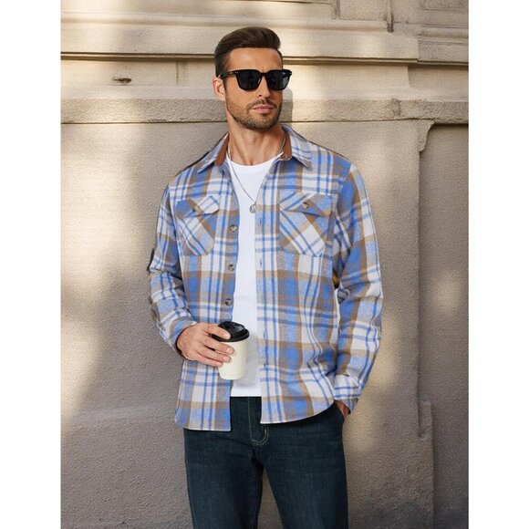 Coofandy Men Light Blue Flannel Plaid Button Down Jacket Shirt with Pockets - Picture 4 of 5